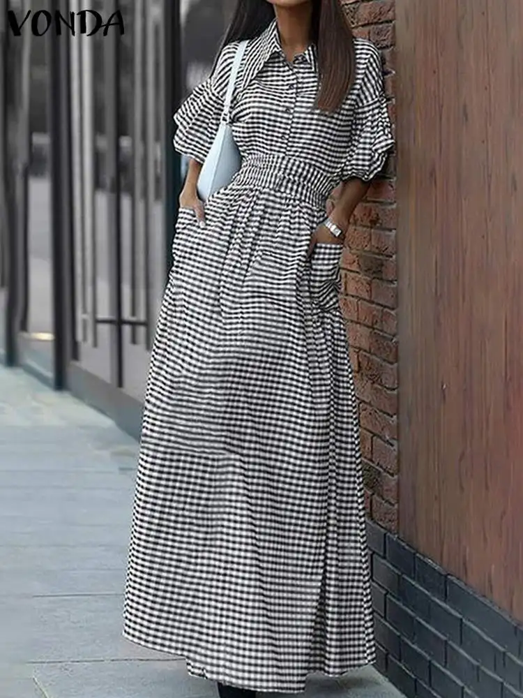 VONDA 2024 Elegant Women Plaid Dress Summer Flare Sleeve Maxi Sundress Fashion Lapel Pockets Printed Bohemian Split Long Vestido