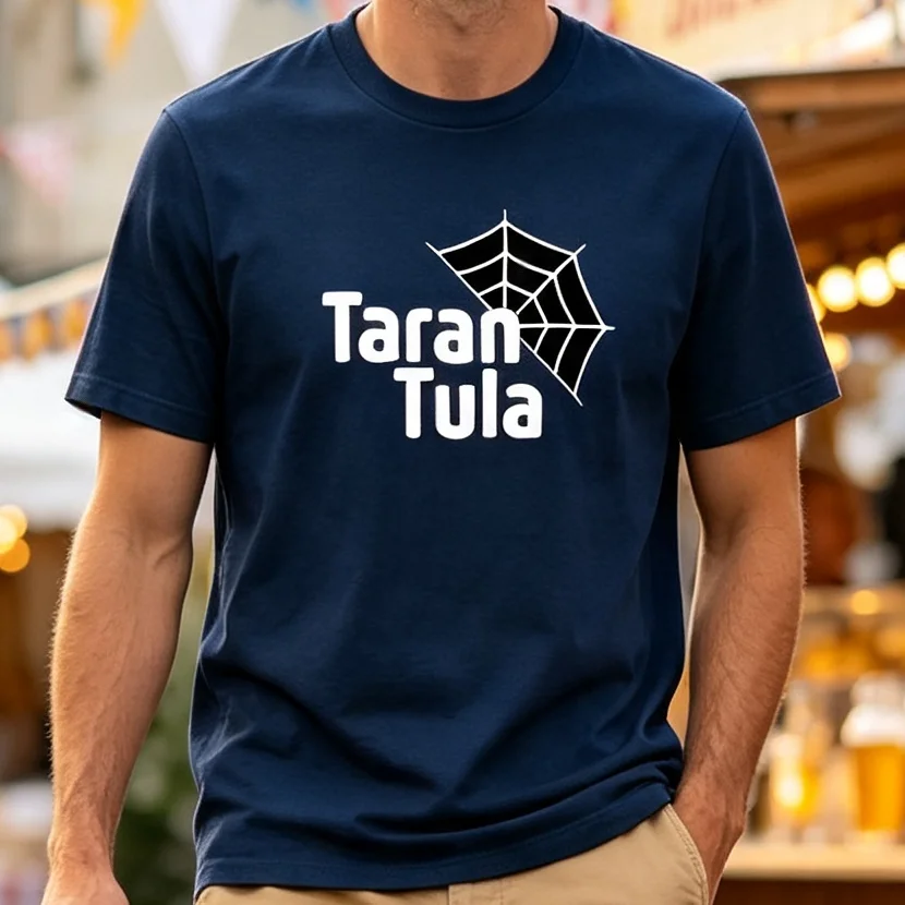 Taran Tula Spider Web Graphic T-Shirt White Black Navy Options Minimalist Typography Streetwear Outfit Casual Spider Lover Tee