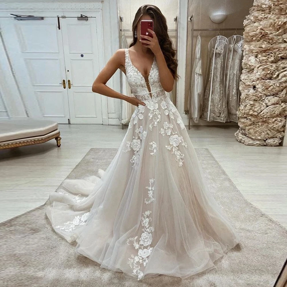 

ANGELSBRIDEP V-Neck Tulle Wedding Dresses Flower Appliques Lace-up A-line Bridal Gowns Princess Vestidos De Novia Plus Size