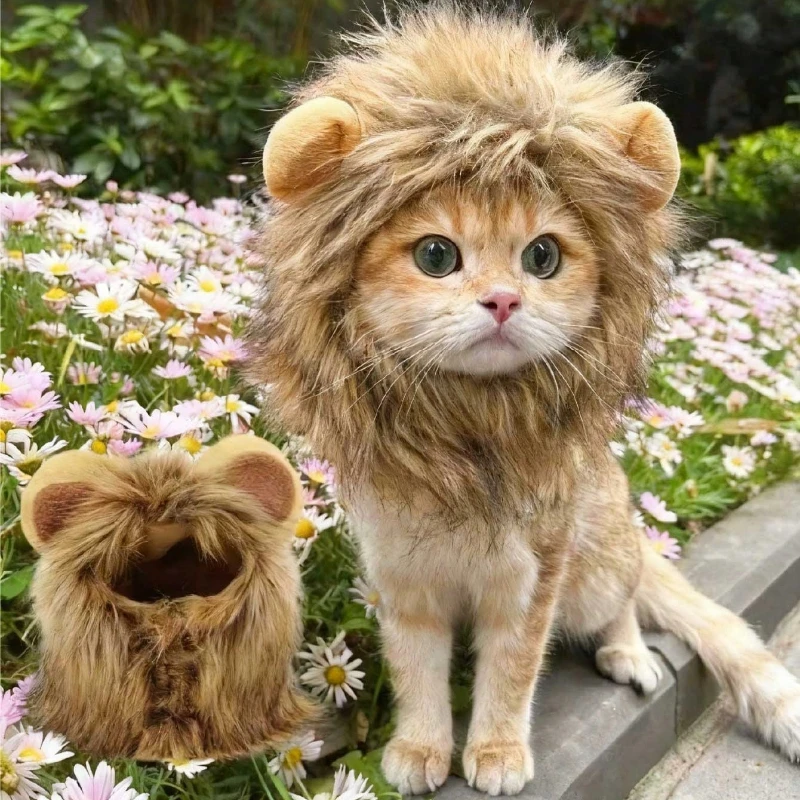 1pc Cute Funny Pet Clothes Cap Cute Cat Wig Lion Mane Costume Cosplay Kitten Dog Hat with Ears,suitable for Fancy Party Supplies