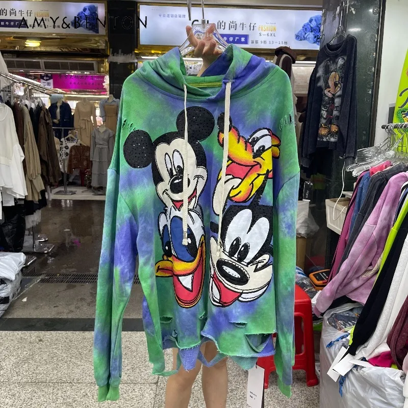 American Retro Style Full Diamond Cartoon Distressed Loose Hooded Sweatshirt Women's Popular Pullover Long Sleeved Casual Hoodie
