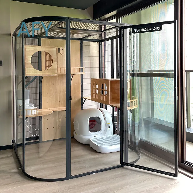 Extra Large Panoramic Cat Tree House for Indoor Cats with Glass Panels Luxury Spacious Catio Enclosure for Felines Play and