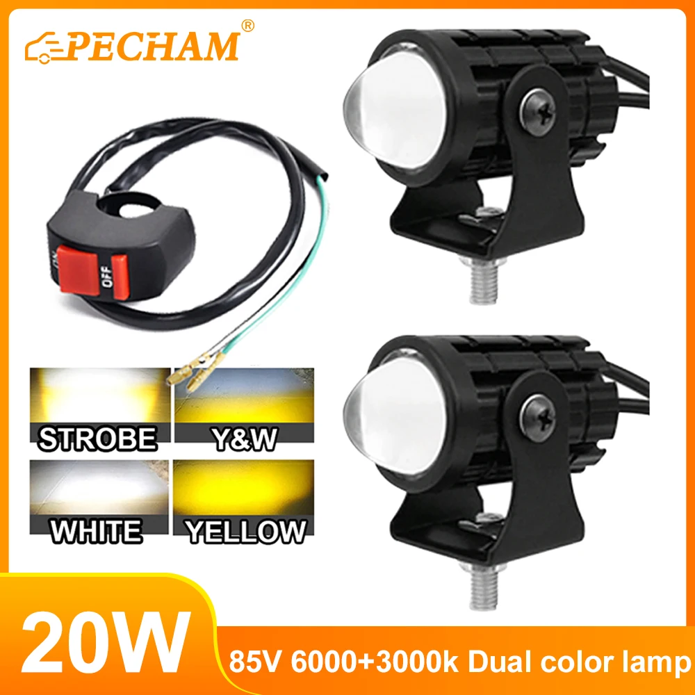 20W Motorcycle Mini Driving Light 2000lm Dual Colo for Headlight Auxiliary Spotlight Lamp ATV Scooter Moto Fog Light Accessories