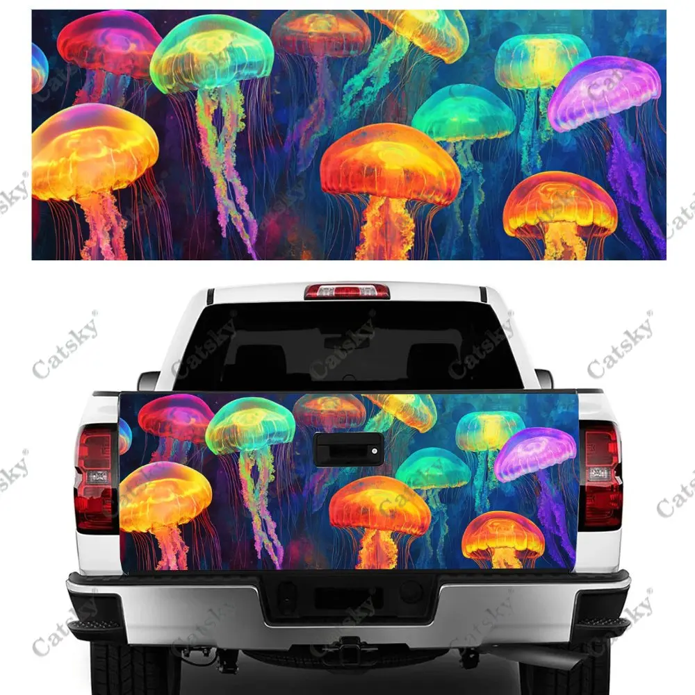 Funny Glowing Jellyfish Print Car Tail Trunk Protect Vinly Wrap Cover Decal Auto Accessories Hood Sticker for Off-road Pickup