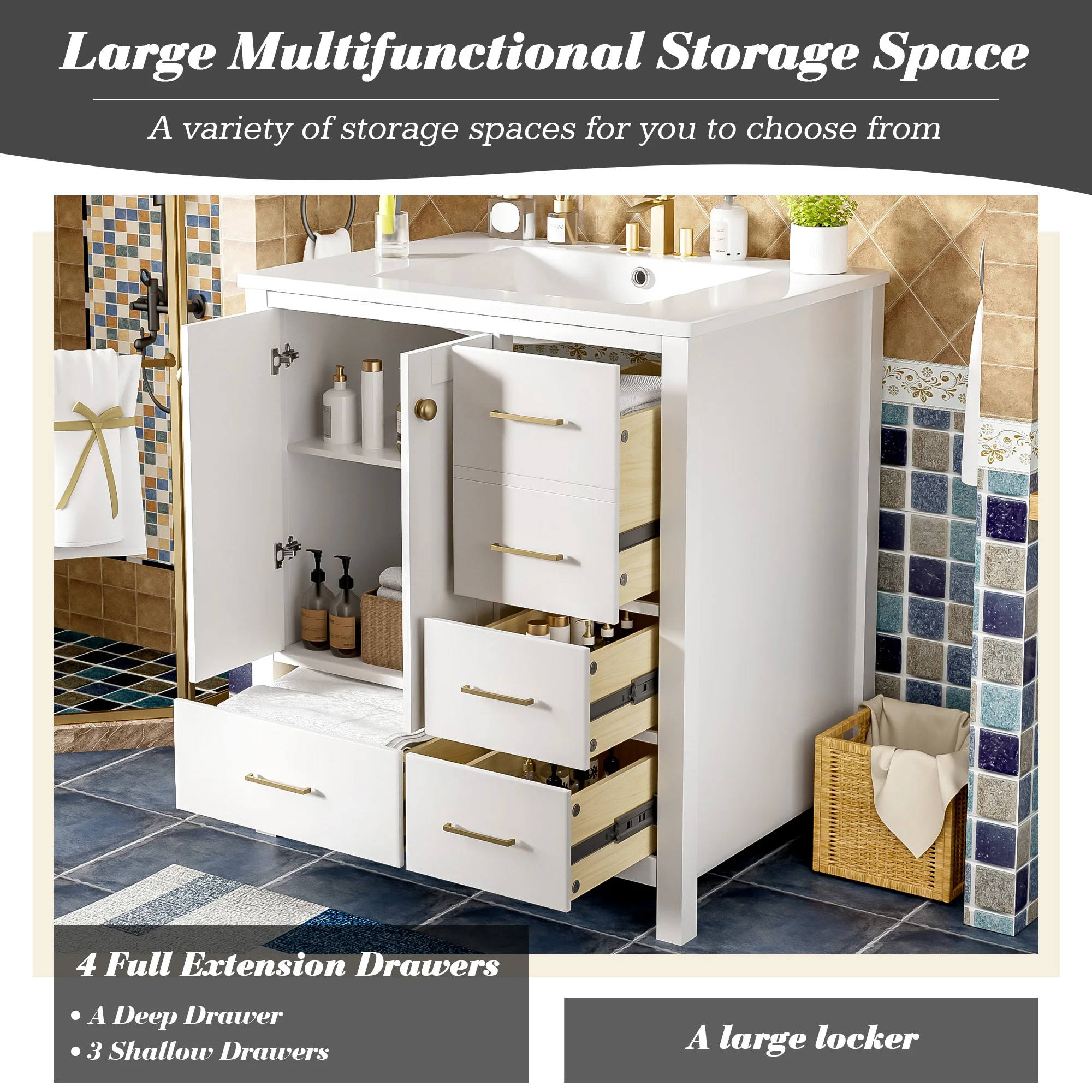 30 Inch Bathroom Vanity with Ceramic Sink, Solid Wood Frame Bathroom Storage Cabinet with 4 Drawers and Soft Closing Doors