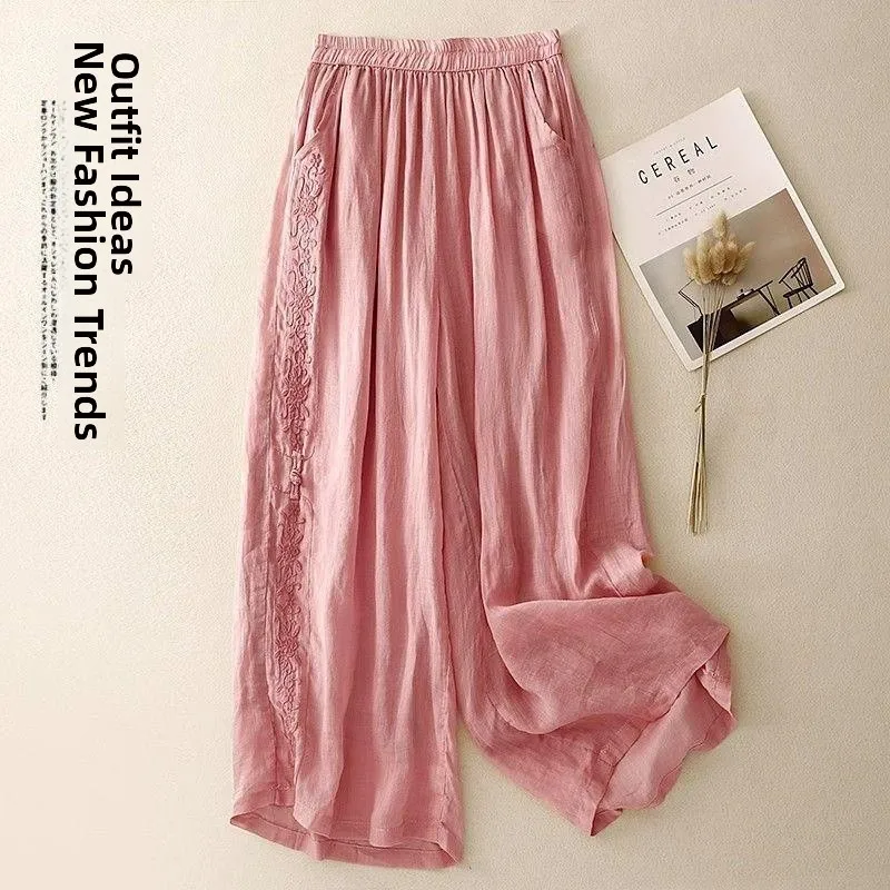 Pantaloni casual da donna in lino di cotone a gamba larga da nove piedi Ele con ricamo drappeggiato allentato primavera estate nuovo arrivo