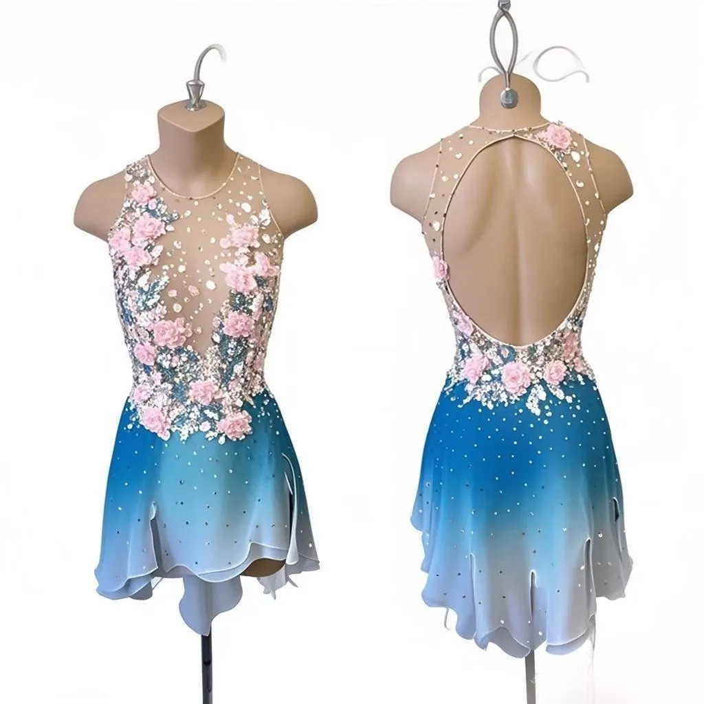 

Women's Children's Figure Skating Dress Ballet Gymnastics Long Sleeve Lyrical Dance Dress Blue Gradient Performance Costume