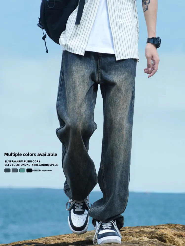 

Мужские джинсы в американском стиле, новинка 2025 года, весна-осень, свободные прямые брюки, ретро, широкие штанины, молодежный стиль, хлопок, полиэстер...