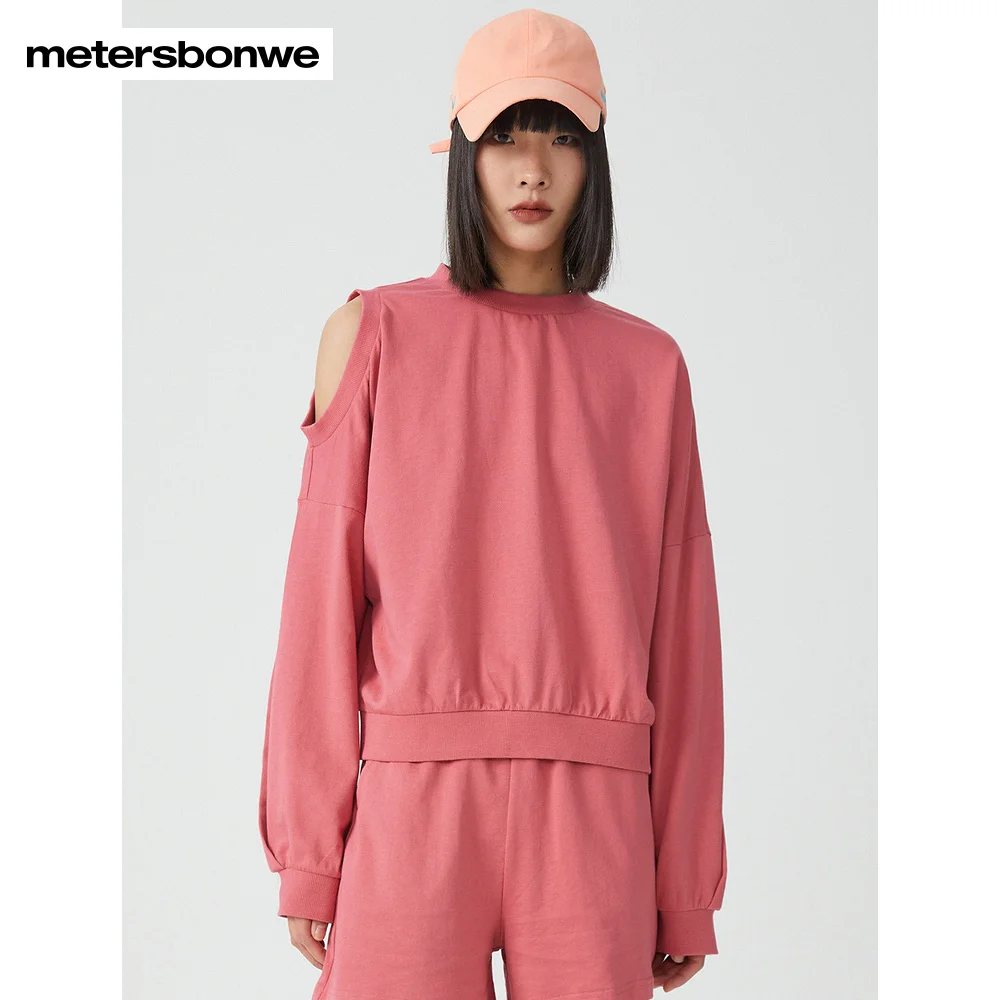 Metersbonwe-Camisola deslaxada feminina fora do ombro, pulôver monocromático de algodão, tops casuais de alta qualidade, primavera, outono