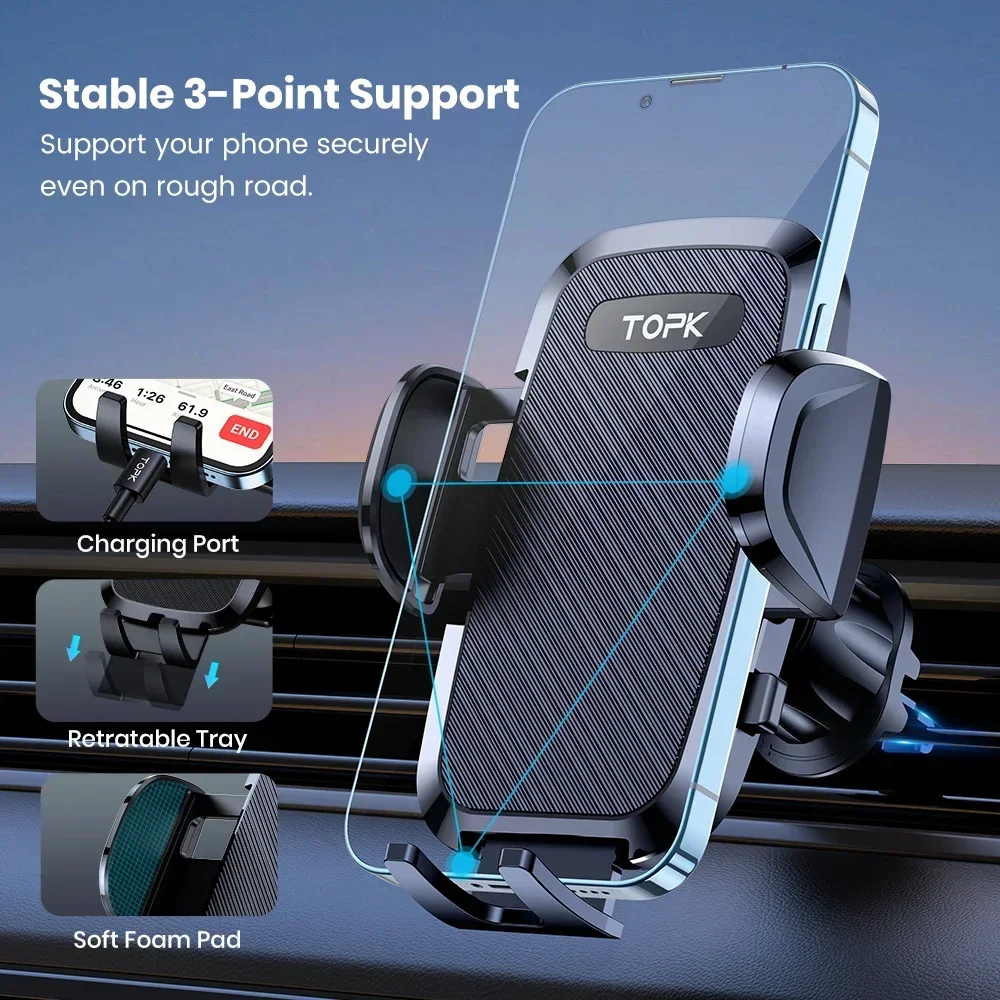 TOPK-Support de téléphone à gravité automatique pour voiture, grille d\'aération, Xiaomi, Samsung, iPhone 12, 13, 14