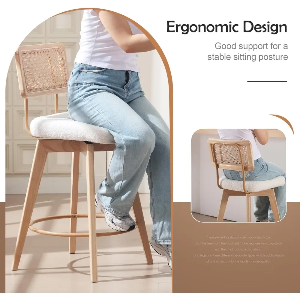 26” Natural Rattan Bar Stools, Swivel Solid Wood Counter Stools Set of 2, Upholstered Armless Island Stools with Wooden Legs and