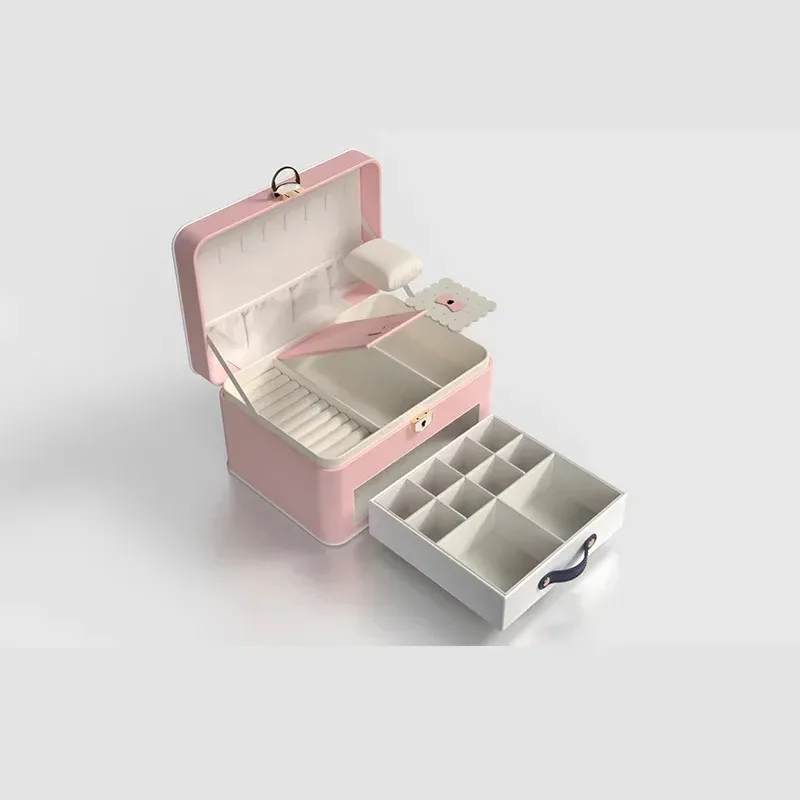 

Women Girls Multi Layer Leather Jewelry Storage Box Double Drawer Desktop Organizer Large Capacity with Lock Home Shop Use