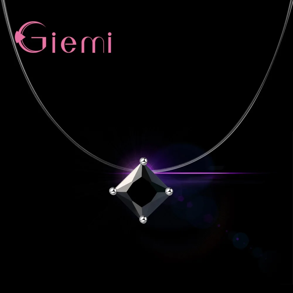 Pure 925 Sterling Silver Simple Crystals Pendant Necklace with Fishing Line Chains Fashion Women Girls Christmas Gifts