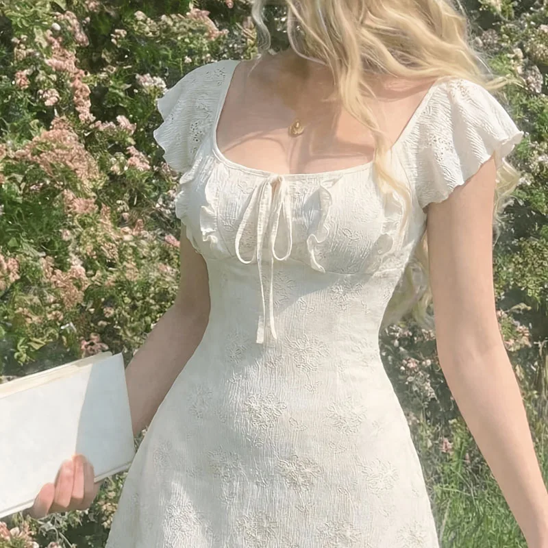 Neue Sommerkleider für Damen Kurzarm Damenkleid Schlankes Kleid mit Quadratischem Kragen und Schnürung Mini-Kleid Damen Vestidos De Verano Mujer Q3640