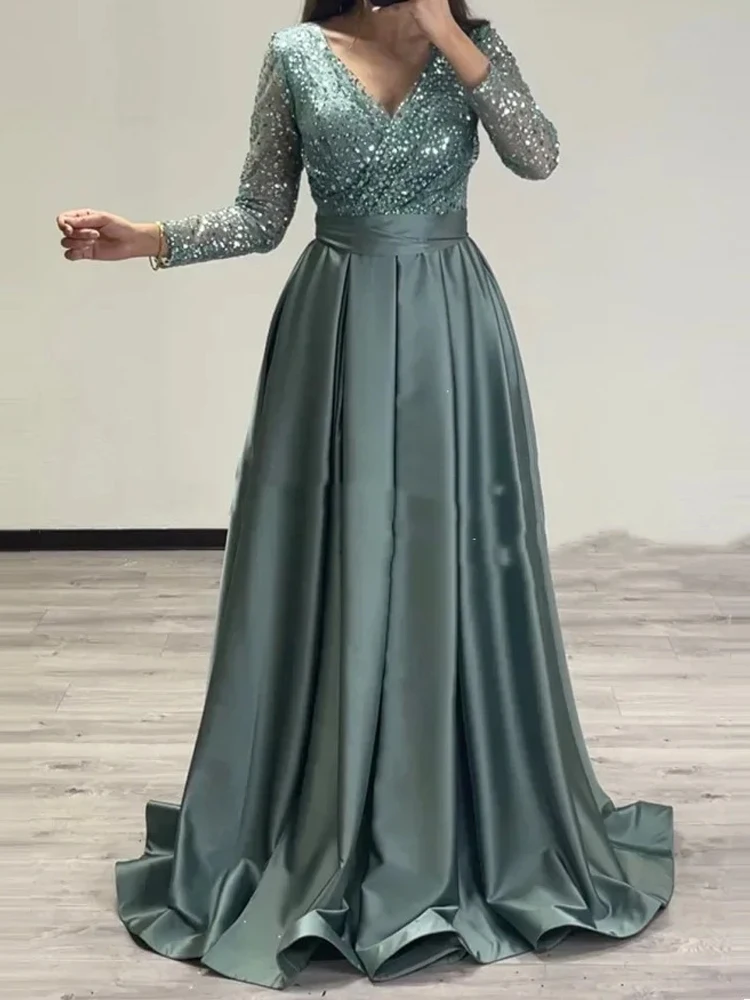 Langarm Casual Taille Plissee Kleider Kleid Frauen Elegante Split Satin Party Kleid Sexy V-ausschnitt Bestickte Spitze Patchwork Kleid