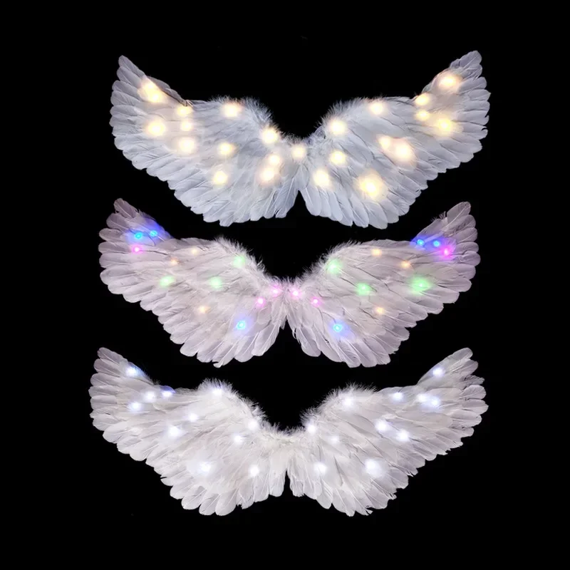 Women Girl LED Glow Light Up Angel Feather Wing Birthday Party Gift Cosplay Halo Props Wedding Wall Costumes Halloween Christmas