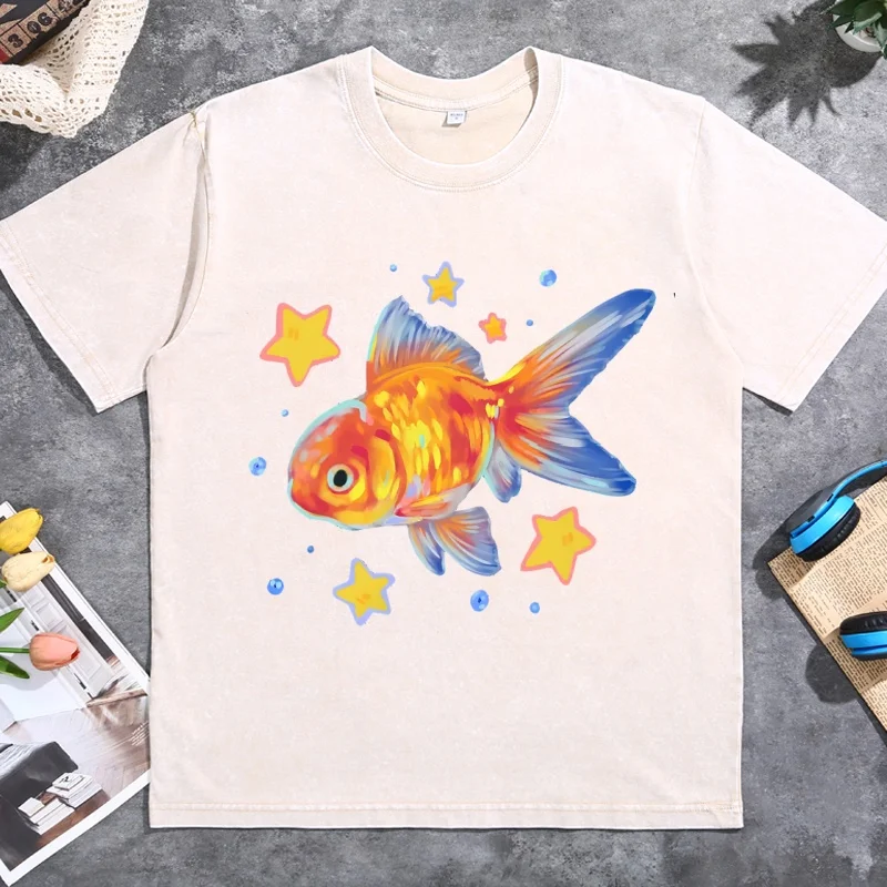 Men's Unisex Short-Sleeve Cotton Casual T-Shirt Cute Starry Goldfish Kawaii Vintage Washed Fish Graphic Tees Streetwear Clothing