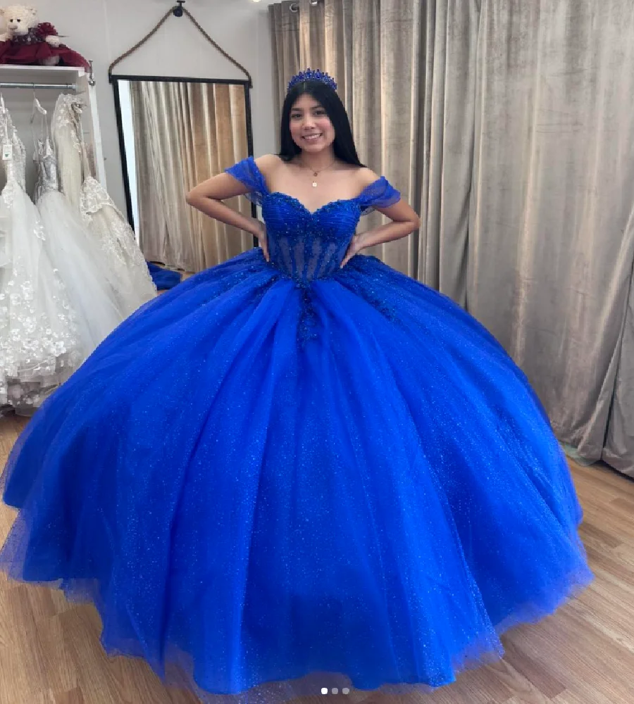 Luxuriöse blaue Quinceanera-Kleider, glitzernde Perlen, schulterfreies Ballkleid, Vestidos De 15 Quinceañera, Geburtstagskleid für das süße 16. Geburtstagskleid Charro