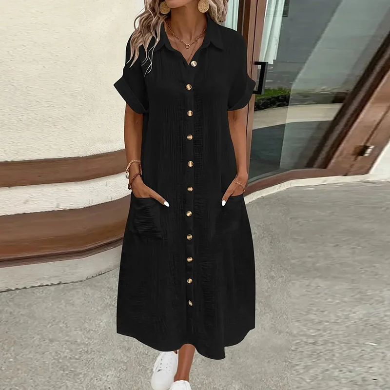 Frauen Mode Sommer Midi Kleid V-ausschnitt Button Up Urlaub Kleider Frauen Baumwolle Leinen Weiß Kurzarm Tasche Casual Hemd Kleid