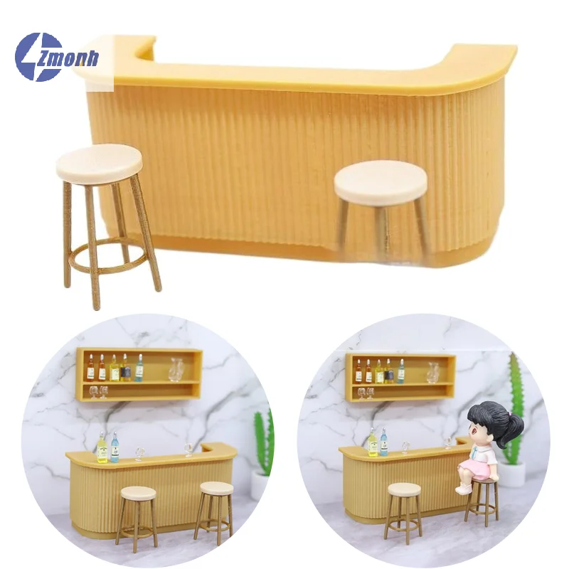 

3Pcs/Set Dollhouse Bar Counter Furniture Miniature Dining Table And Chair Scene Model Doll House Accessories Playing House Toy