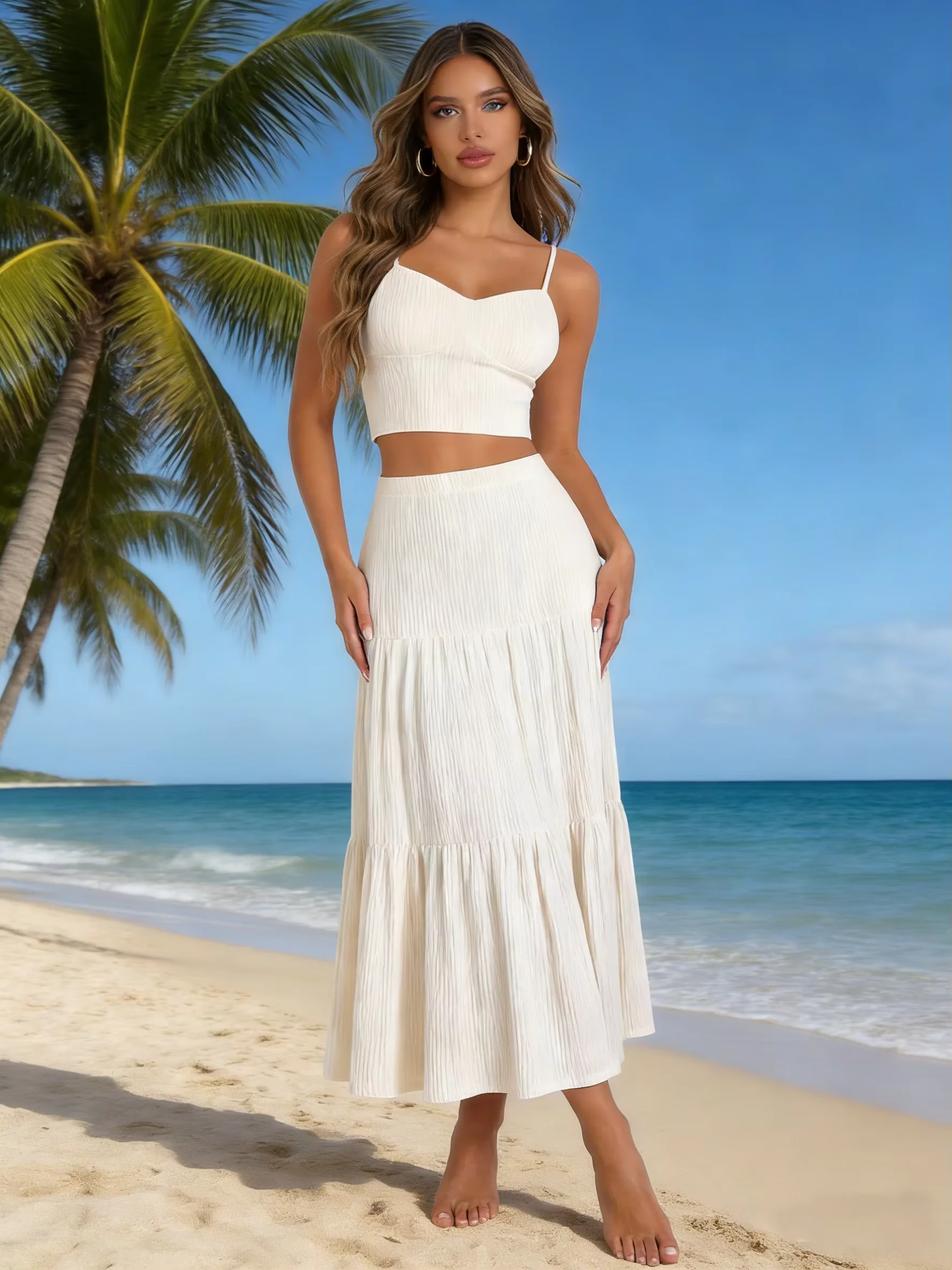 

plus Size Women's Fashionable Two-Piece Suit Set with Strap Vest And Ruffled Hem A-Line Skirt