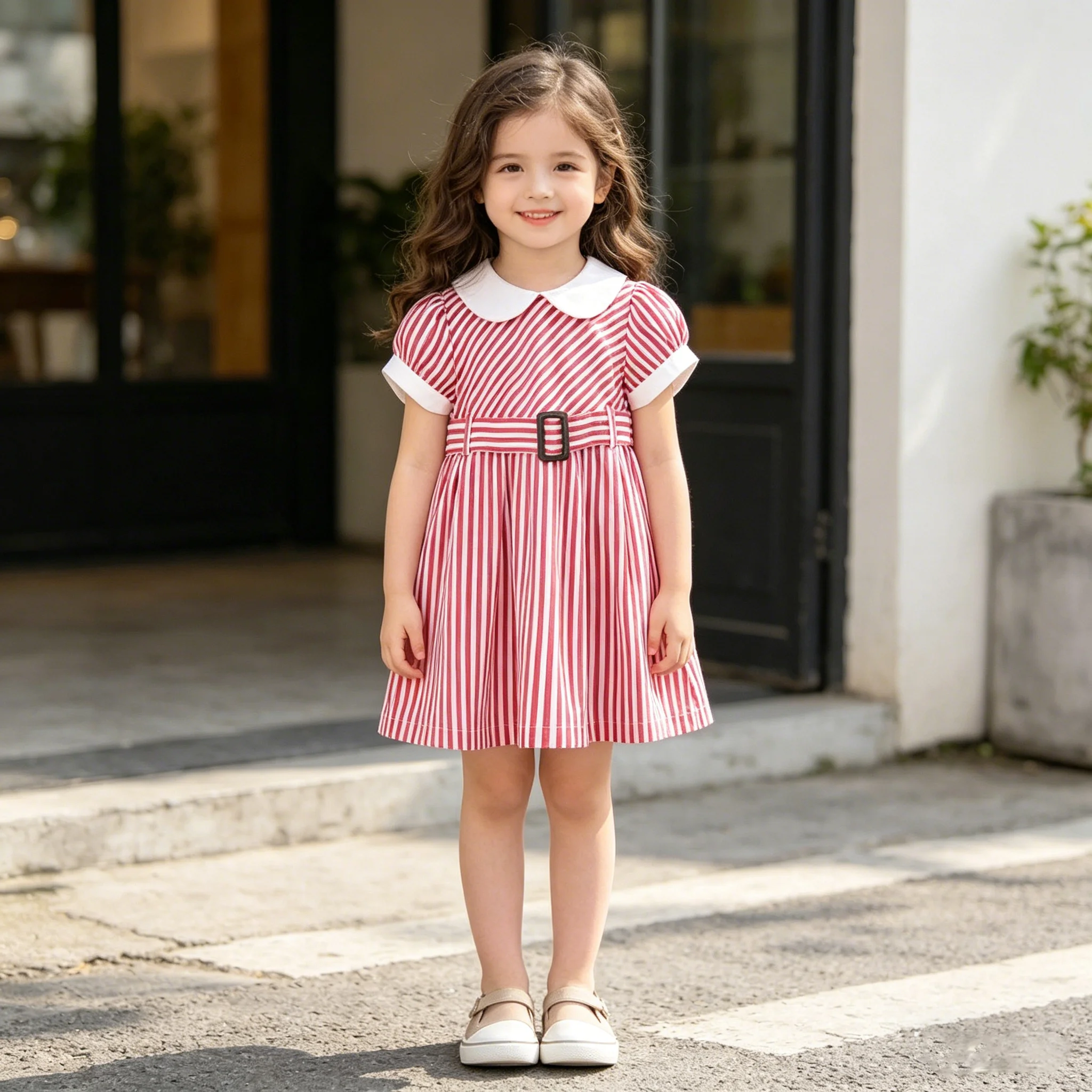 Children's Striped Belt Dress Summer Short Sleeves Style Girls' Sweet Princess Dress Children's  1-8 Years Old Kids Clothing
