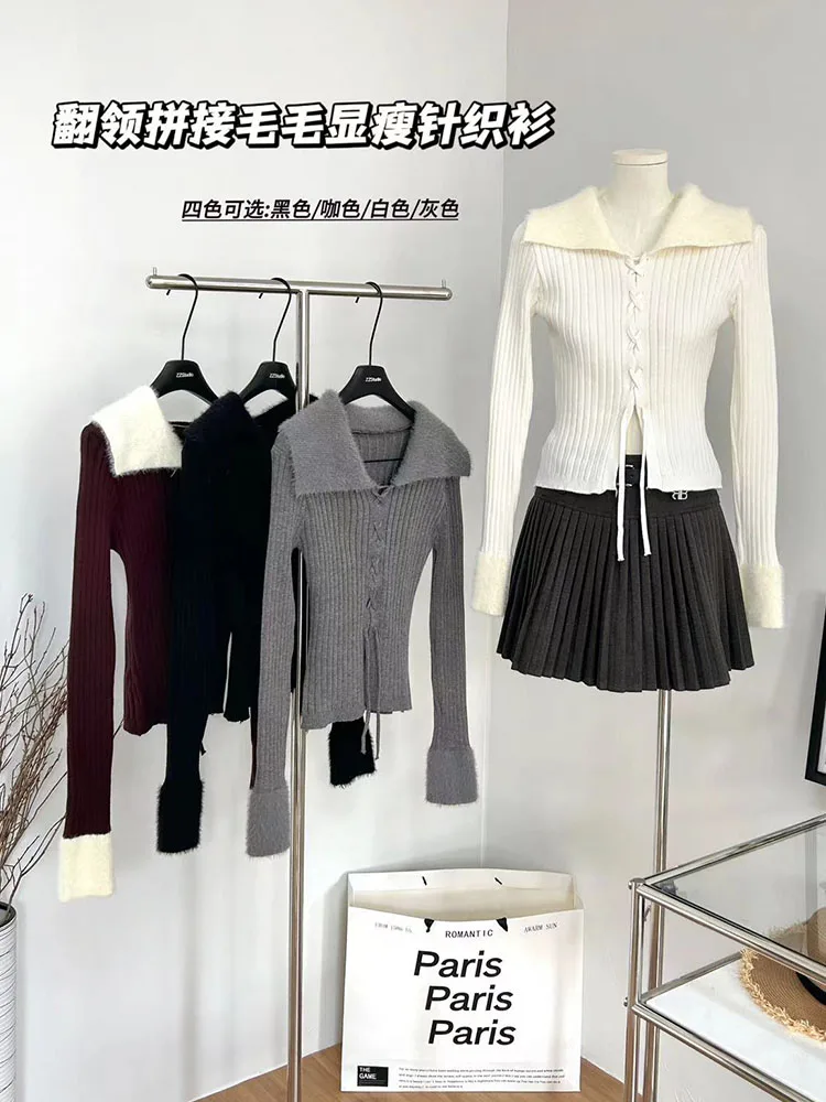 2023 Women Autumn Winter Solid Knitwear Jumper Slim Long Sleeve Plush Turn-Down Collar Gyaru Knitted Pullover Japanese Fashion