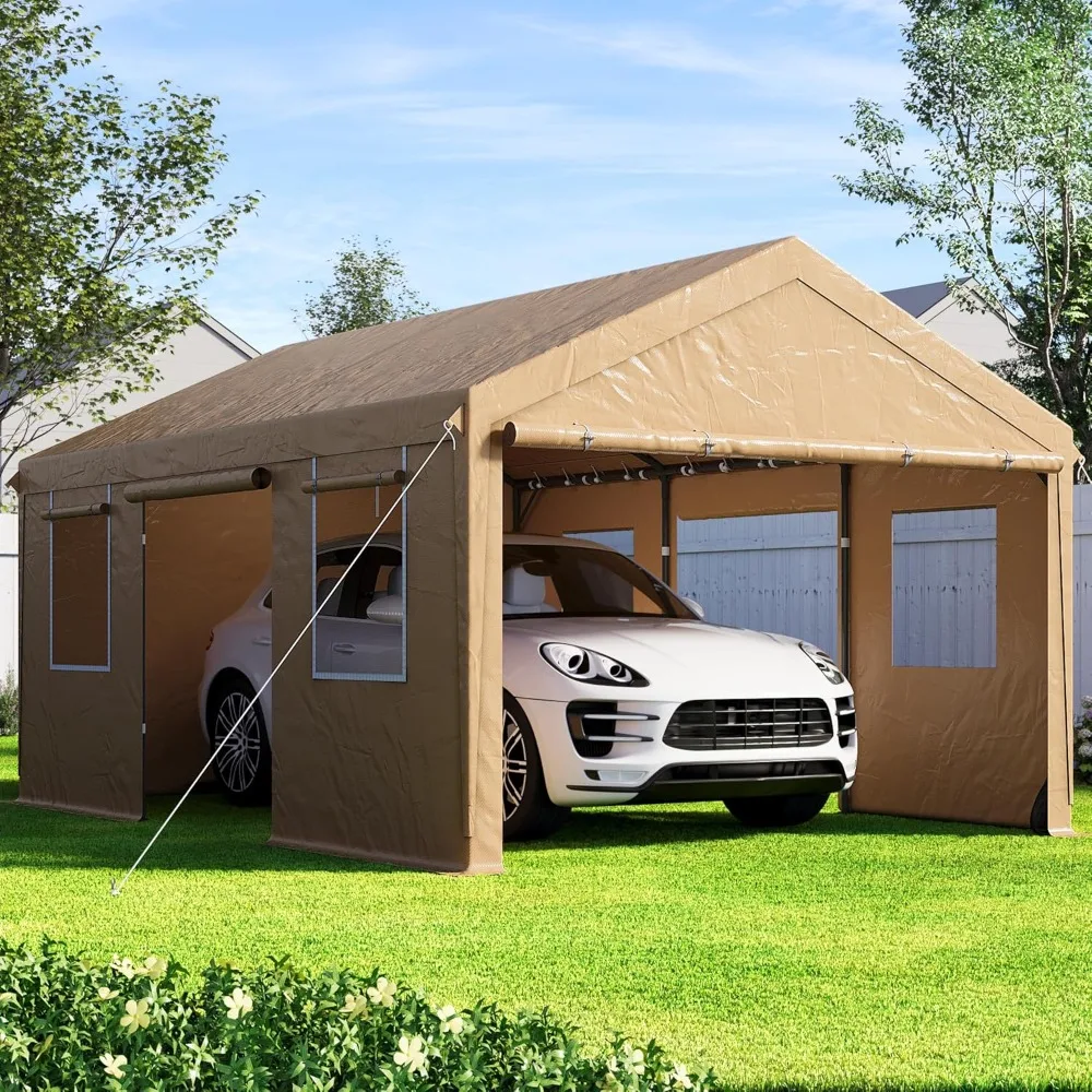 

12'x20' Heavy Duty Carport with Removable Sidewalls & Doors, Portable Garage with Roll-up Ventilated Windows, Beige