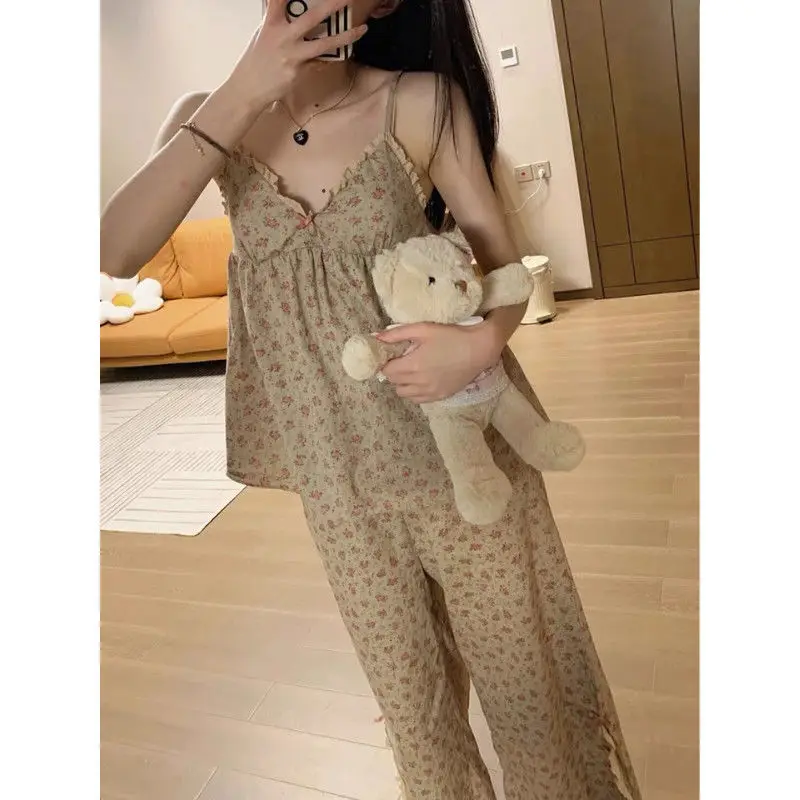 Pajamas Floral Trouser Suits Pajamas Woman Summer Home Wear 2 Pieces Sleep Tops + Pants Long Sleeve Nightie Pijamas Nightgown