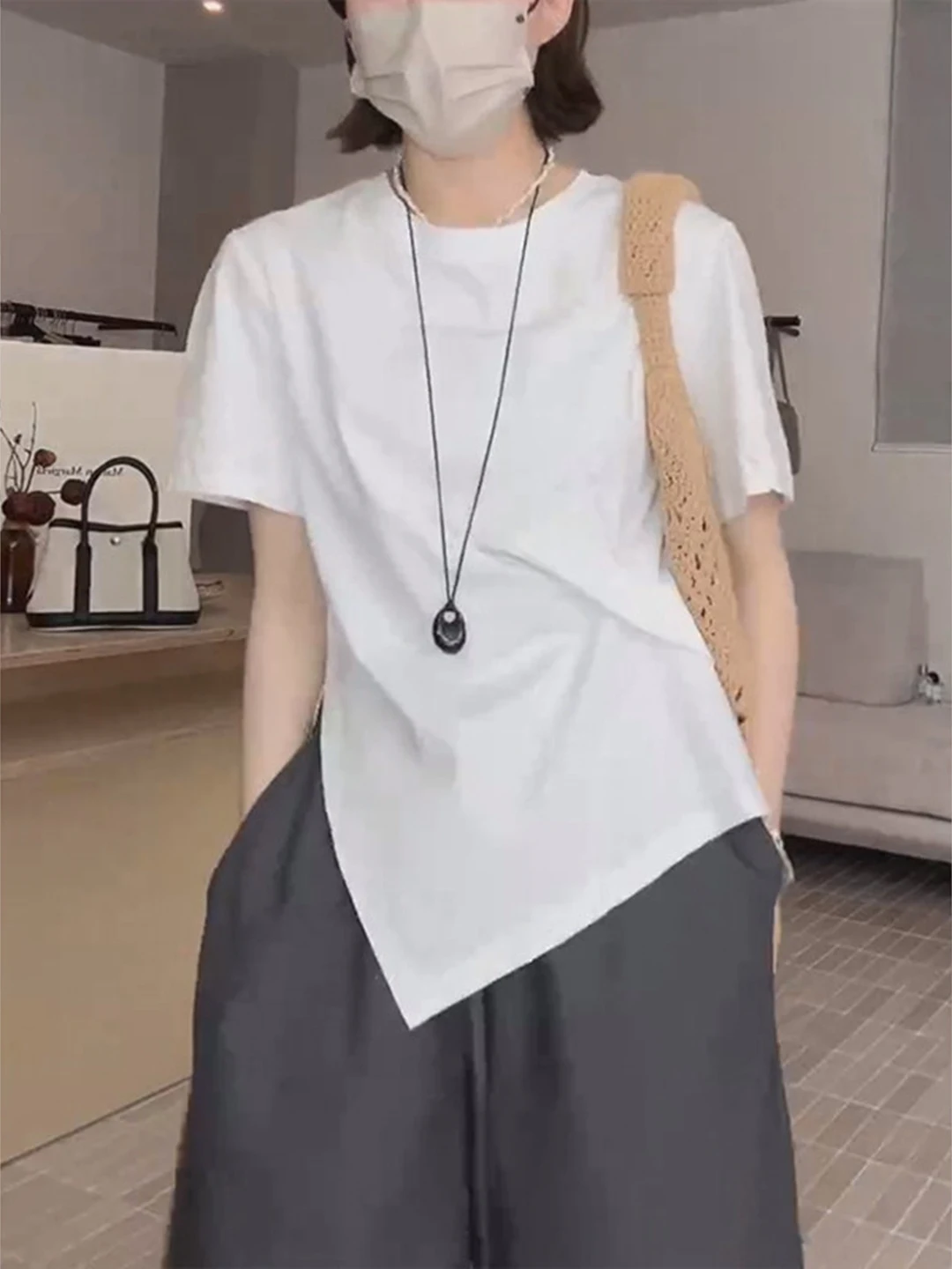 Loose Korean Style Cotton T-Shirt Women's Summer plus Size Slimming Casual round Neck Short Sleeve Irregular Top