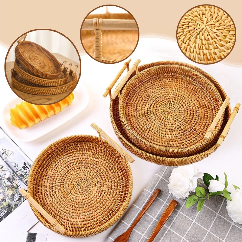 

Rural Style Rattan Storage Basket Handmade Woven Round Tray with Handles for Bread Fruit Snacks Picnic Display Home Organization