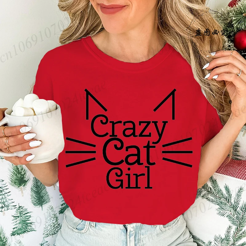 Crazy Cat Girl Funny Design Women's Tshirt Funny Joke Tee T-Shirt Anime Cartoon Graphic Tee Casual Short Sleeve Printed Tees