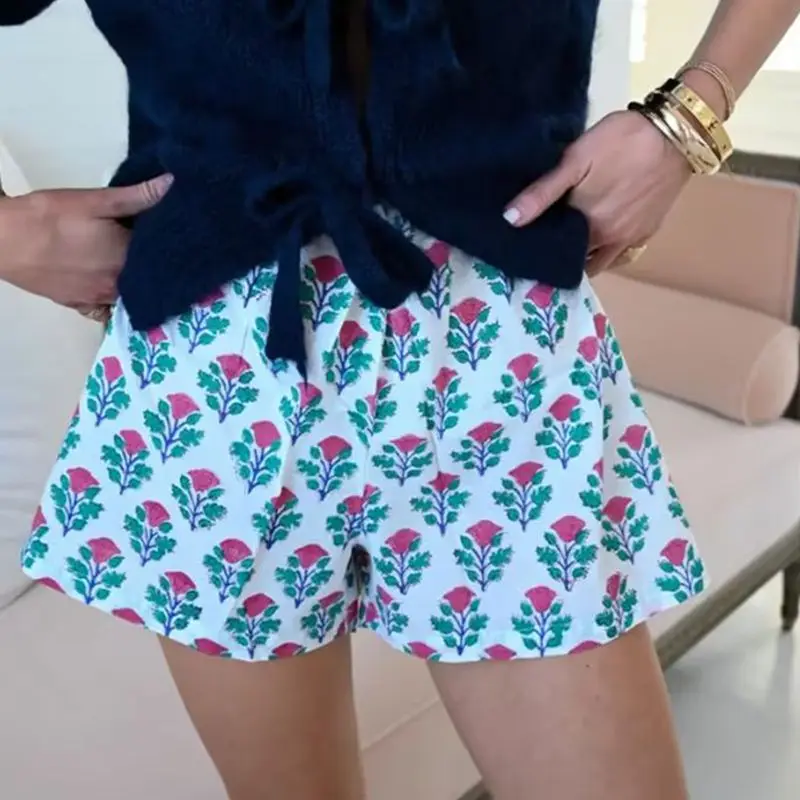 

Combhasaki Women Summer Casual Y2K Stripe Floral/Stripe Animal Print Shorts Elastic Waist Wide Leg Loungewear Loose Short Pants