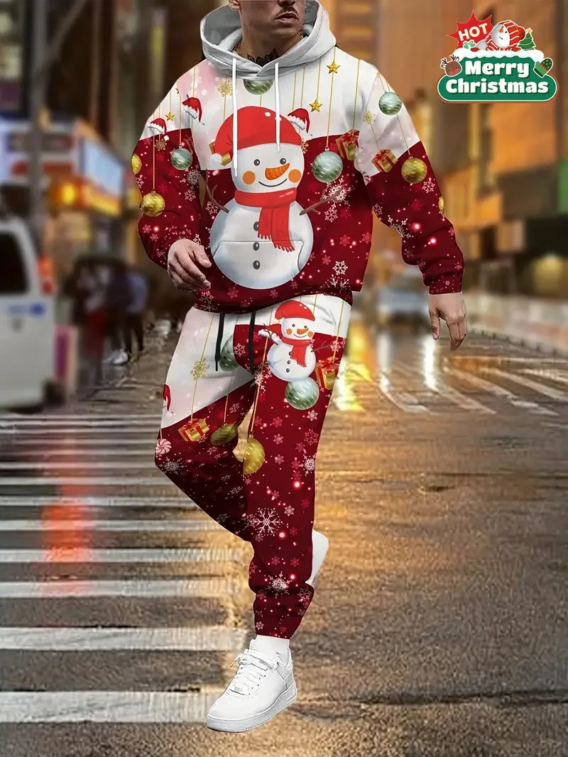 

Новый мужской рождественский снеговик, забавный комплект с капюшоном, спортивный костюм с 3D принтом, вечерние толстовки с капюшоном, комплект из 2 предметов, осенне-зимний свитшот и брюки