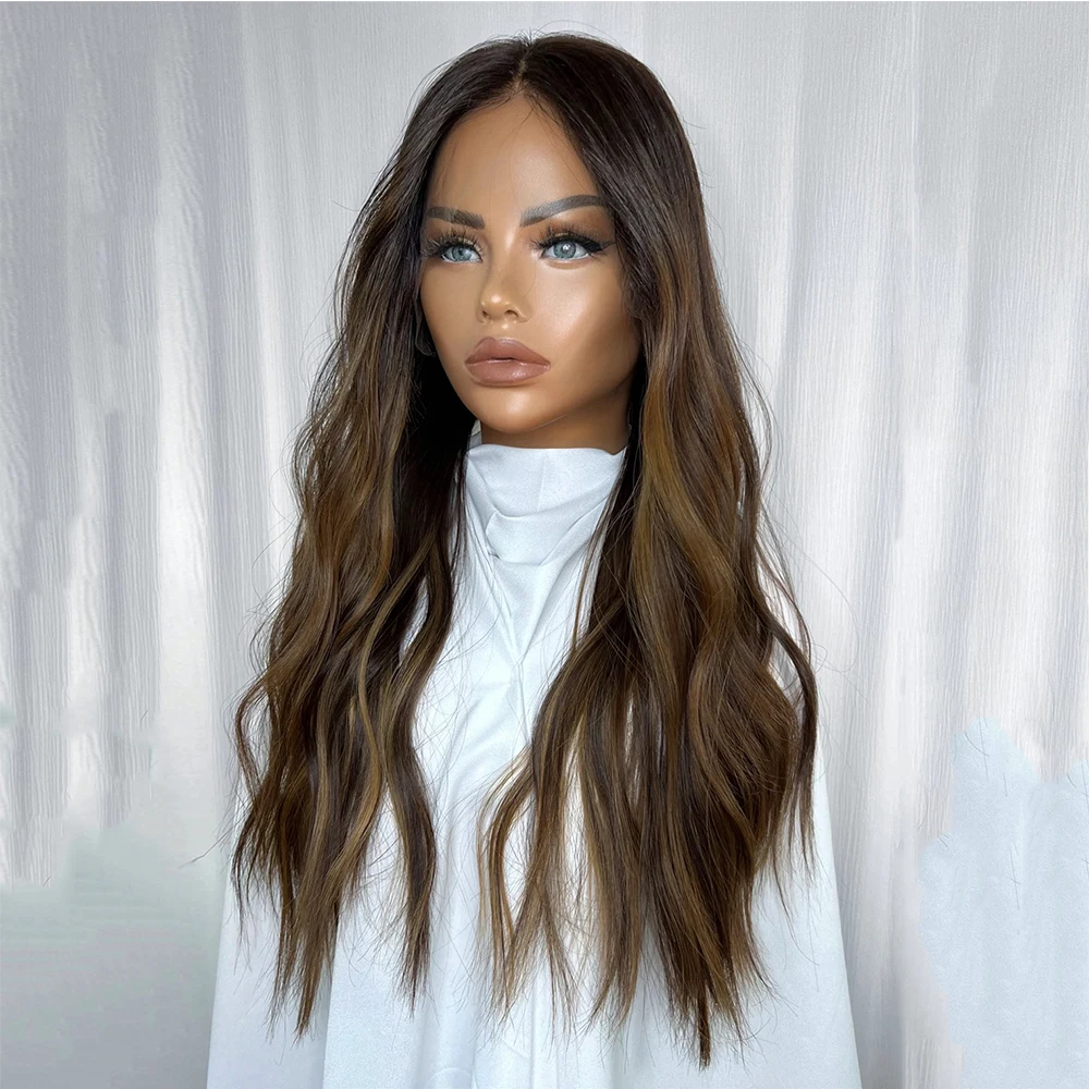 

Натуральный крутой брюнетка балаяж коричневые волнистые парики для женщин HD кружевной длинный волокно парик из синтетических волос повседневный косплей термостойкий