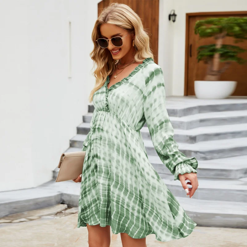 

YQ1-2025New Elegant Style Raglan Sleeve Long Sleeve Dress with Ruffle Design High Waist Short Dress for Women