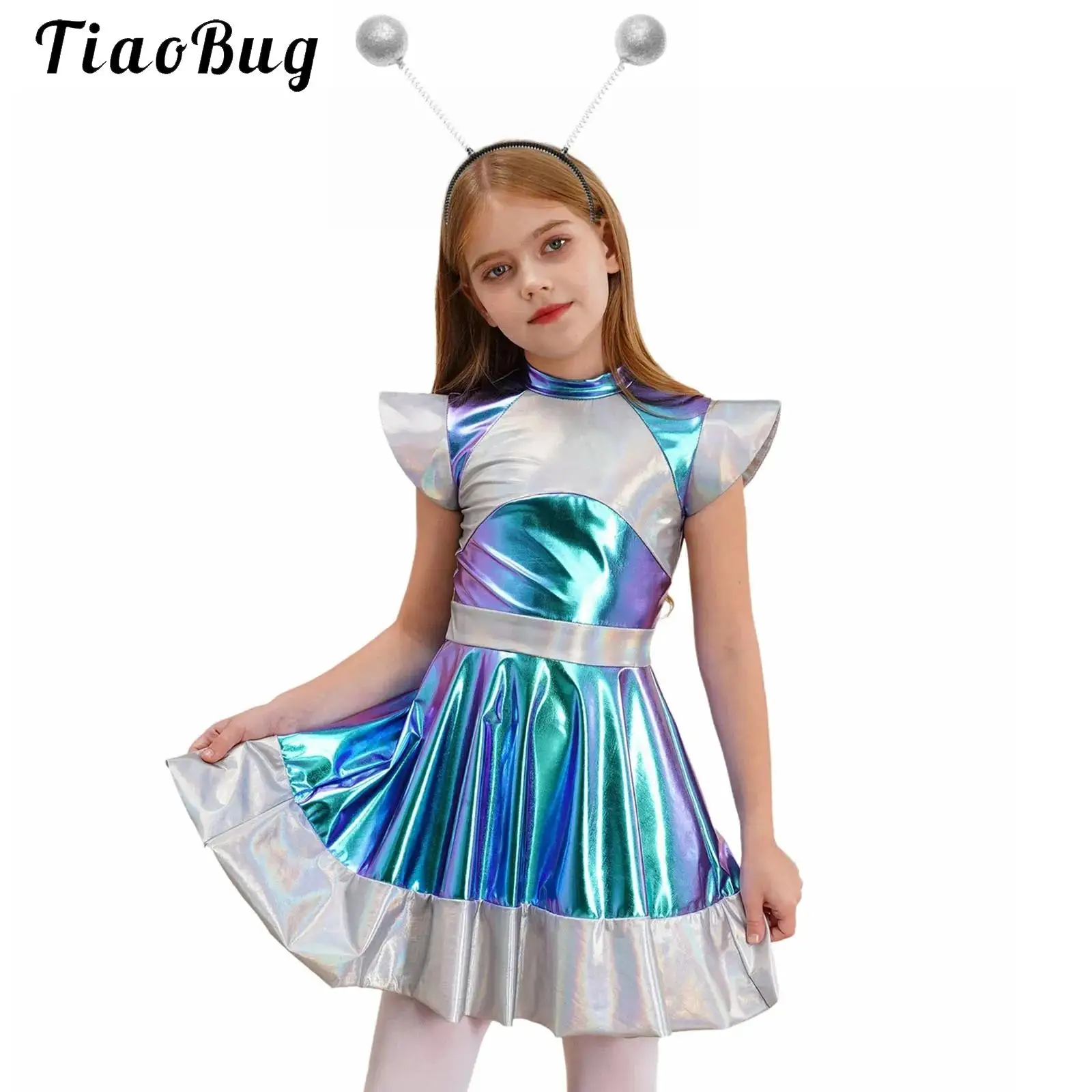

Girls Shiny Alien Costume Halloween Outerspace Future World Cosplay Metallic Tutu Dance Dress Set Carnival Performance Dress Up