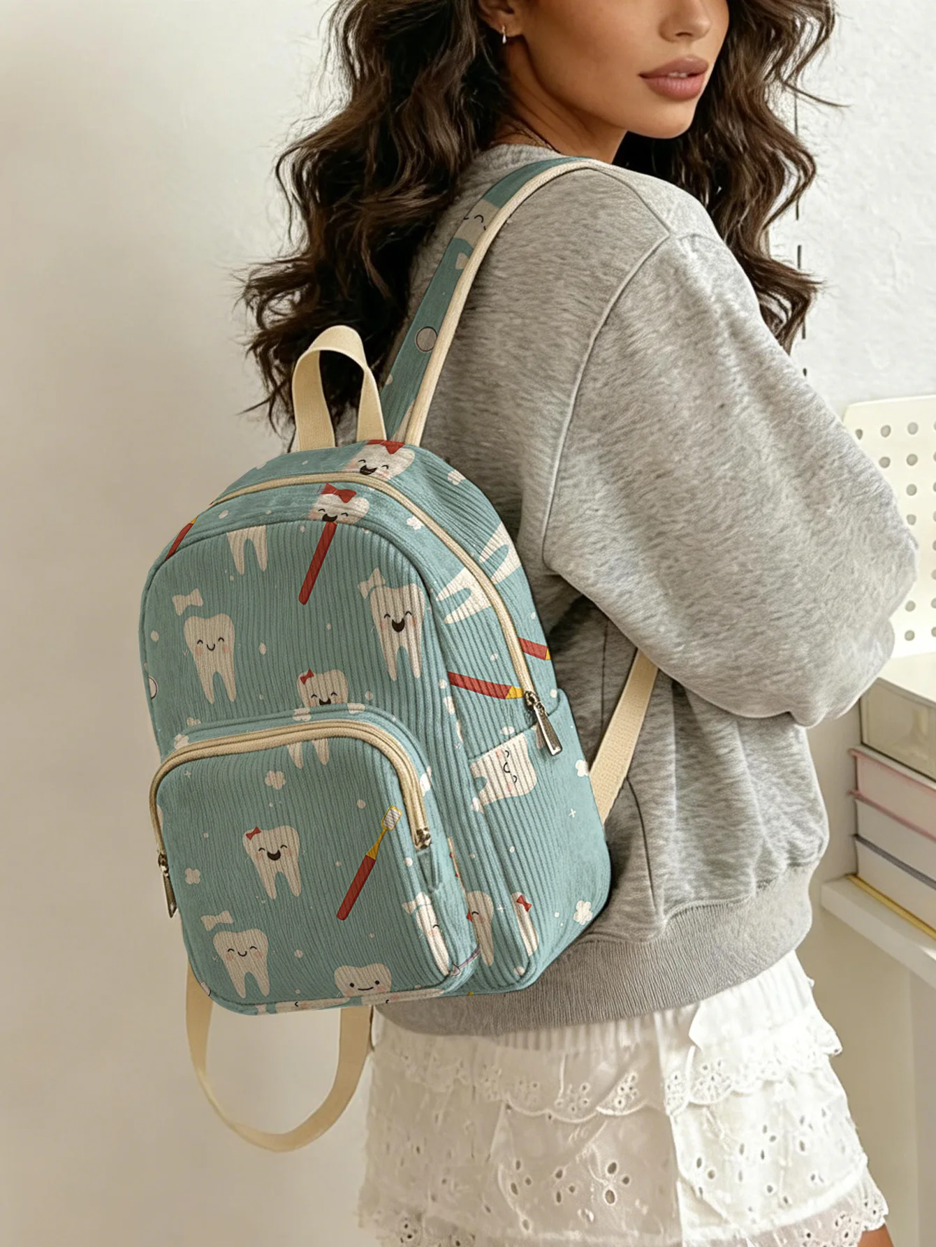 

Cute Cartoon Tooth & Toothbrush Print Women Fashion Backpack Corduroy Multi-pocket Large Capacity Commuter Bag
