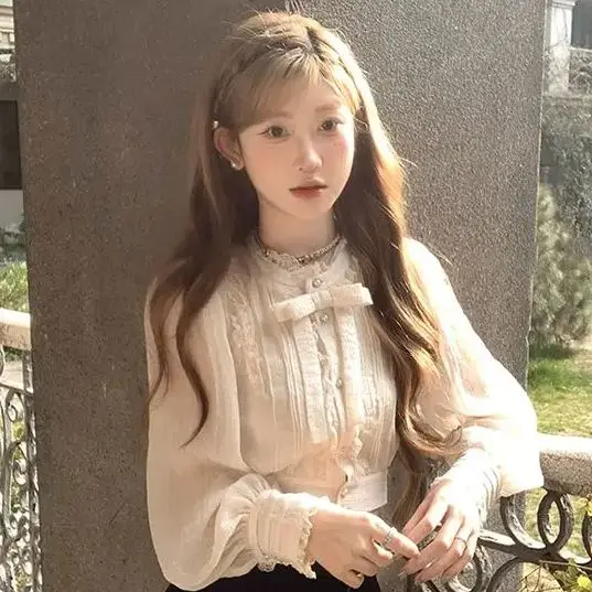 Korean Three Piece Set Bow Lantern Sleeve Shirt+Solid Color Suspender Vest+High Waist Slimming A-Line Pleated Skirt Set Of Three