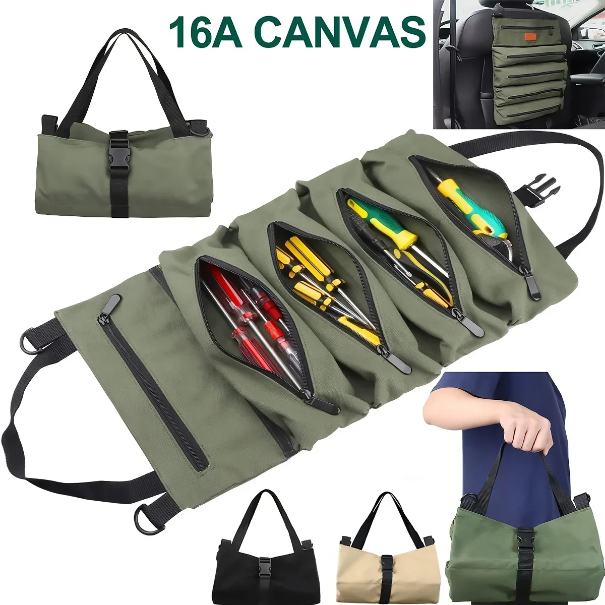 

Tool Roll,Multi-Purpose Roll Up Tool Bag,Wrench Roll,Canvas Tool Organizer Bucket,Car First Aid Kit Wrap Roll Storage Case