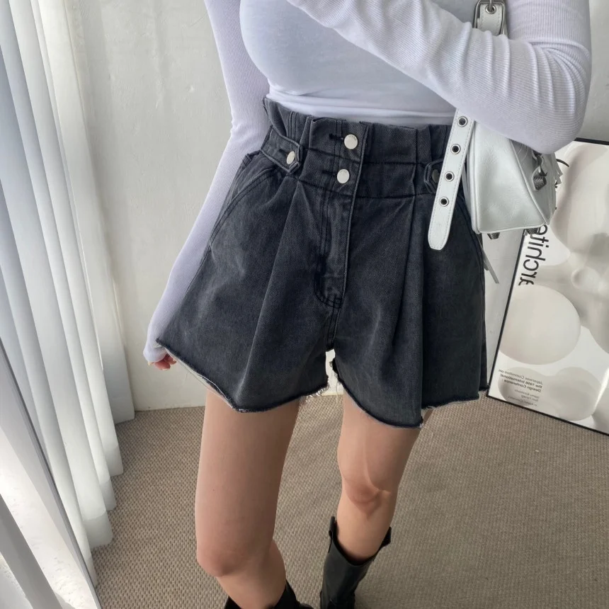 

High Waist Loose Fit Two Button Side Closure Wide Leg Short Jeans Retro Korean Style Summer Casual Cotton Denim Shorts