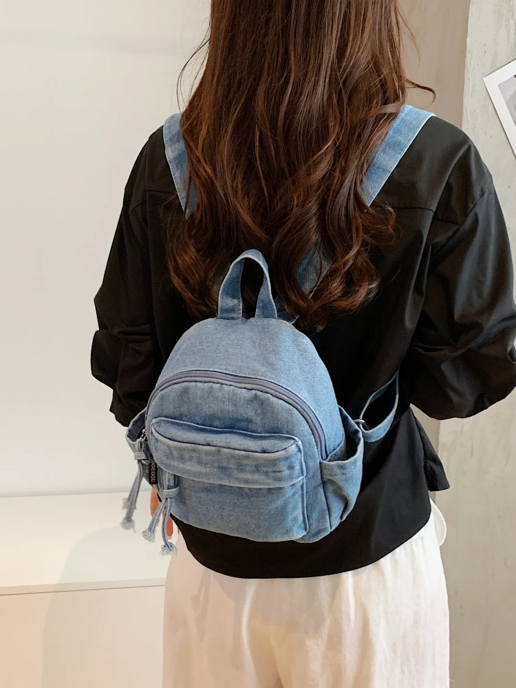 Classic Simple Denim Material Small Double Shoulder Bag Women's Fashionable Casual Outdoor Travel Single Shoulder Handheld Bag