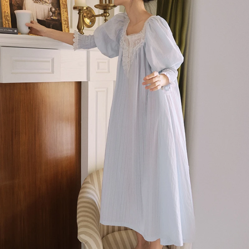 Vintage Spring Summer Pure Cotton Nightgown Women Lace Square Collar Long Nightdress Romantic Princess Cute White Blue Sleepwear