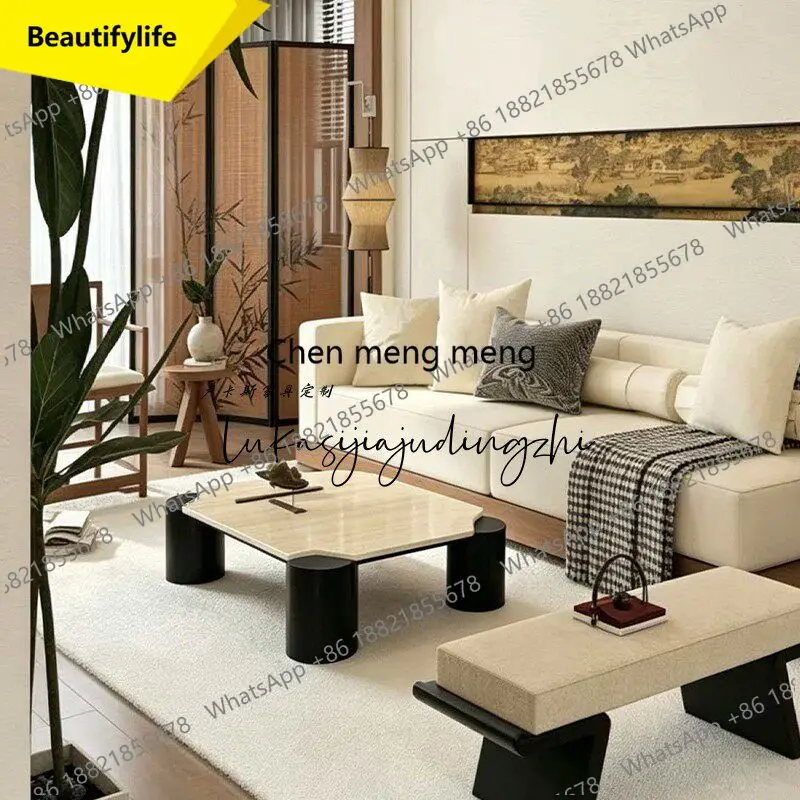 

a55 Medieval minimalist travertine countertop coffee table living room, light luxury coffee table, high-end homestay tea table