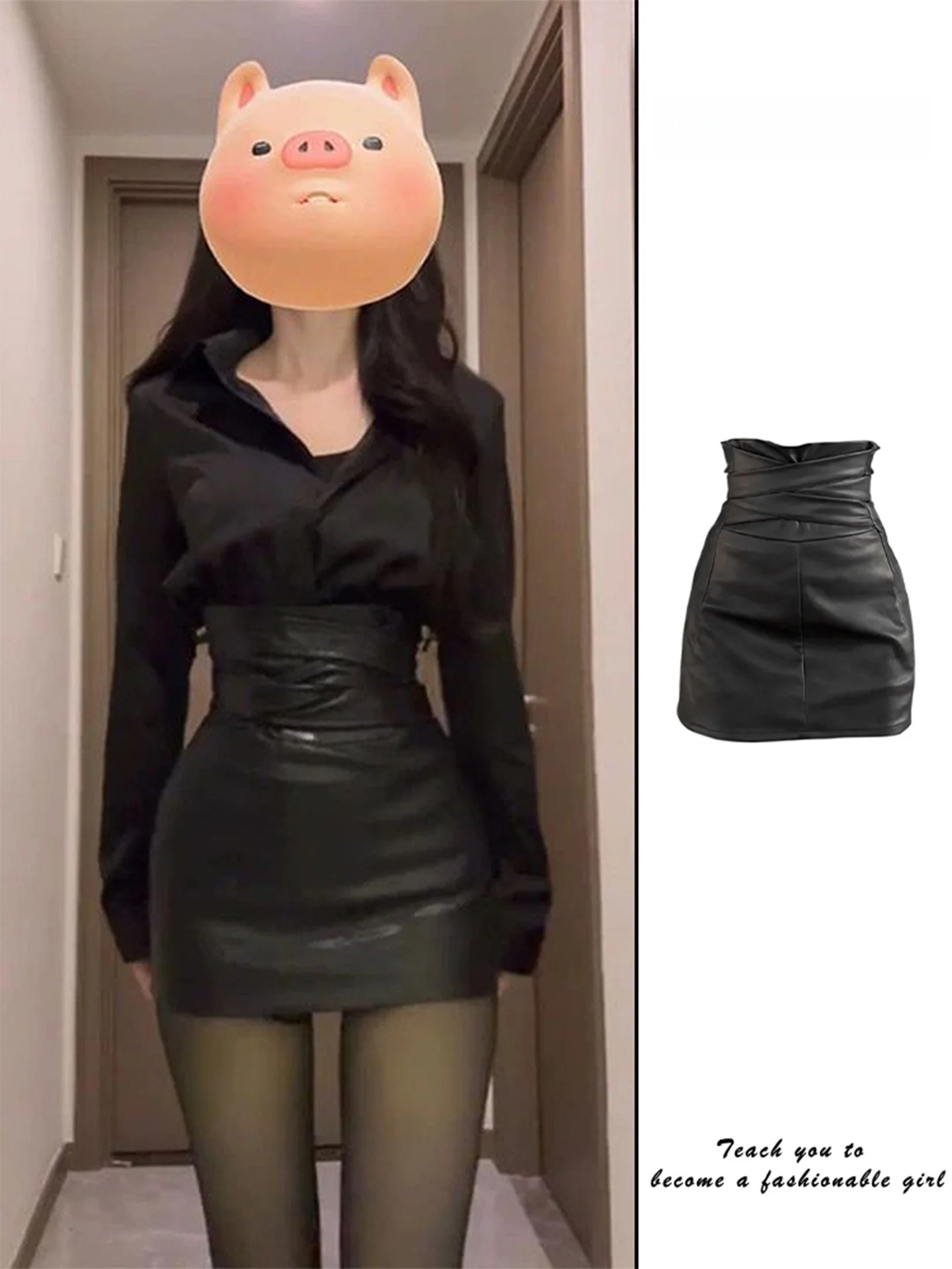 Sexy Black Bodycon Skirt Half-length Women's Spring Autumn New Style Pure Desire Lady Light Maturity Waist-cinching Leather S...