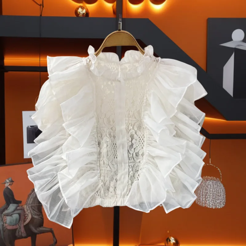 

Korean Version High Waisted Short Ruffle Edge Stand Up Collar Lace Trendy Small Figure Hollowed Out Chiffon Patchwork Sleeveless