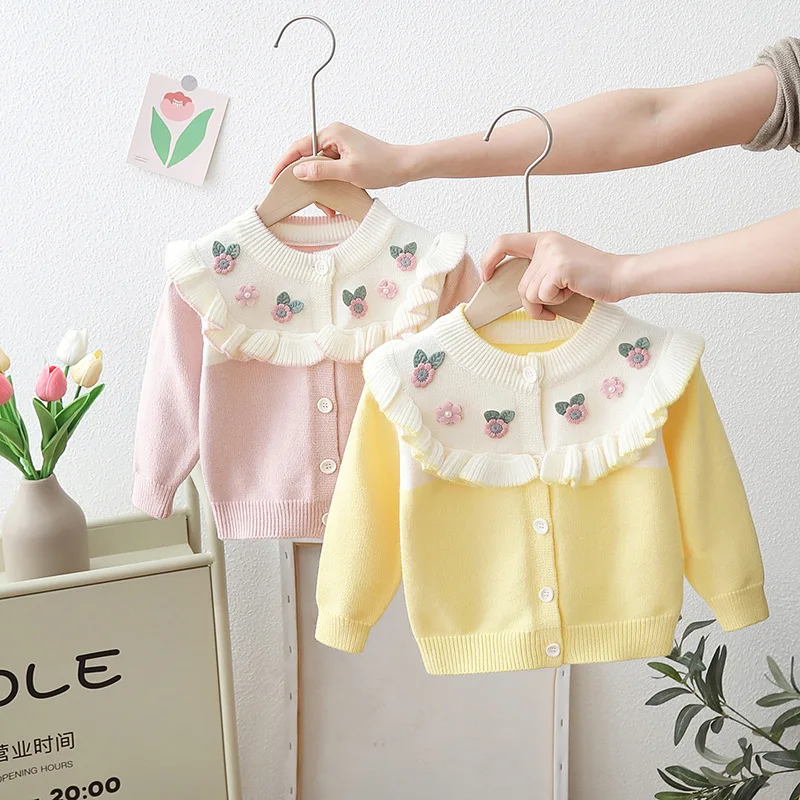 1-4TKorean version kids girls solid color knitted cardigan 2023 fall new kids baby cute flower sweater jacket