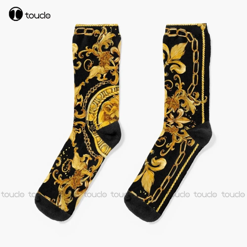 Golden Lion And Damask Ornament. Luxury Design. Gold Lace Watercolor Hand Drawn Textile Background. Socks Mens Black Socks Sock