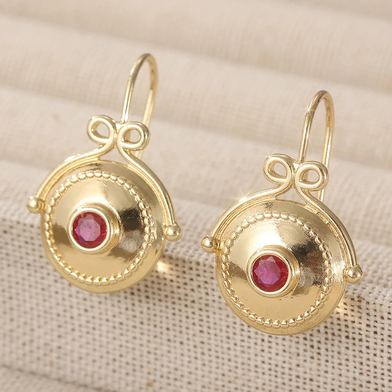 Vintage Court Style Geometric Pendant Earrings Women's Retro Trendy Inlay Imitation Ruby Stone Earrings Jewelry Accessories