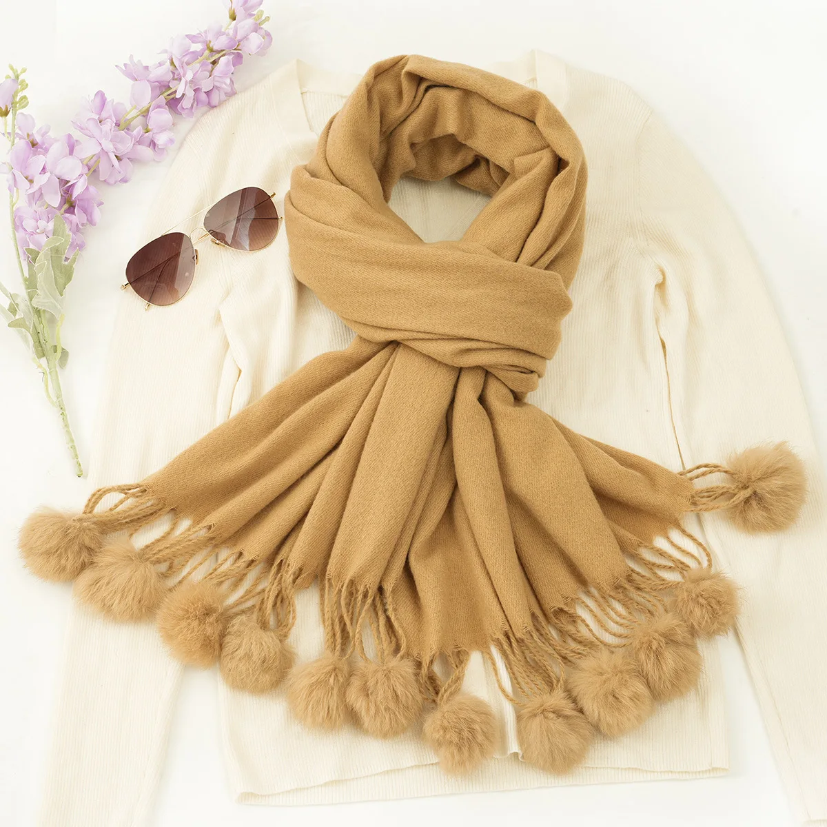 Women's new imitation cashmere scarf winter thickened warm and soft Pashmina shawl women's solid color hanging beard ball scarf